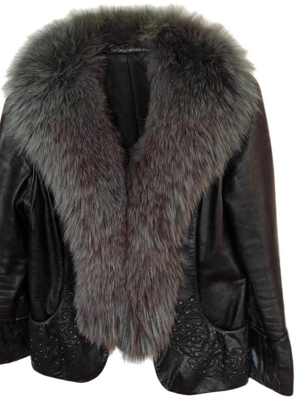Black Sheepskin Jacket with Gray Fur Collar